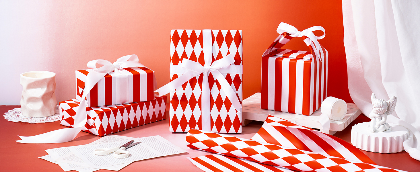 white and red Stripes and Diamond Pattern Reversible Wrapping Paper