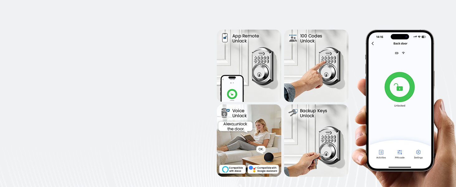 Supports 4 ways unlock, including APP remote unlock, password unlock, key unlock, and voice unlock