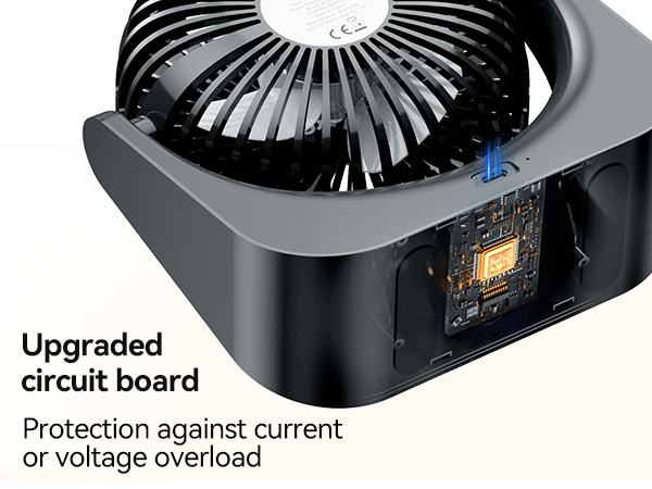 Close-up of a device's internal cooling fan and circuit board, labeled as 'Upgraded circuit board' with protection against current/voltage overload.