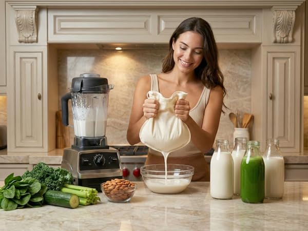 Girl using cotton nut milk bag by ellie's best to make almond milk