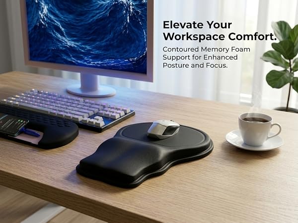 RAINZARD black ergonomic mouse pad with extended wrist and forearm support on a white office desk.