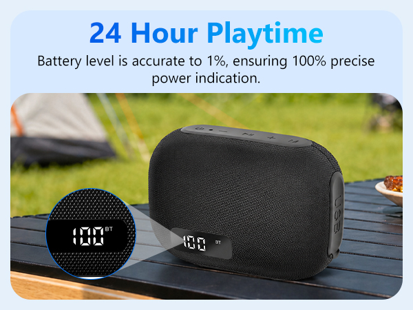 The portable Bluetooth speaker offers 24 hours battery life and features a battery level display.