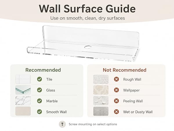 Acrylic floating shelf wall surface guide for smooth clean dry surfaces