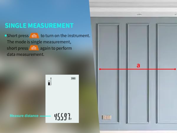 A laser distance meter measurement data, single measurement mode, and basic operation icons.