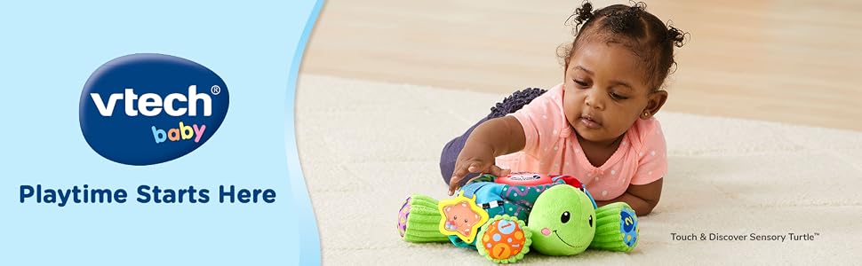 VTech baby; Playtime Starts Here; Little girl playing with Touch & Discover Sensory Turtle