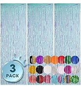Voircoloria 3 Pack 3.3x8.2 Feet Neon Iridescent Foil Fringe Backdrop Curtains, Tinsel Streamers B...