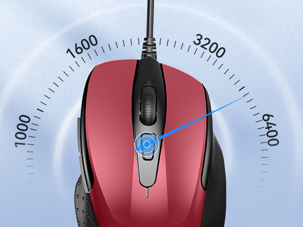Red and black computer mouse with DPI adjustment, featuring a circular scale display ranging from 1000 to 6400 DPI.