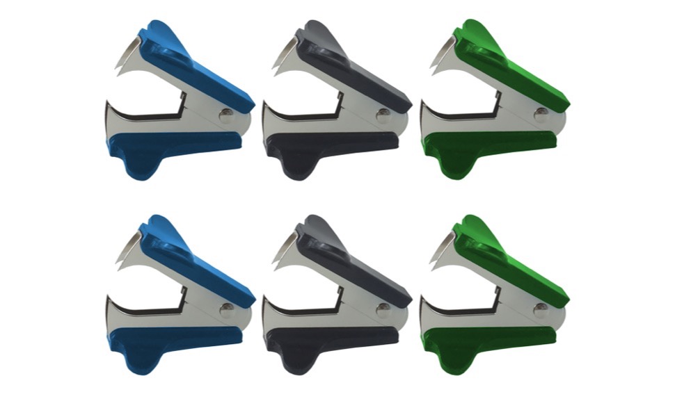 Six Clipco staple removers in blue, black and green