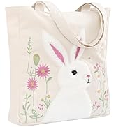 Perseverance Trade Easter Bunny Embroidery Canvas Tote Bag Reusable Large Easter Gift Bags for Sp...