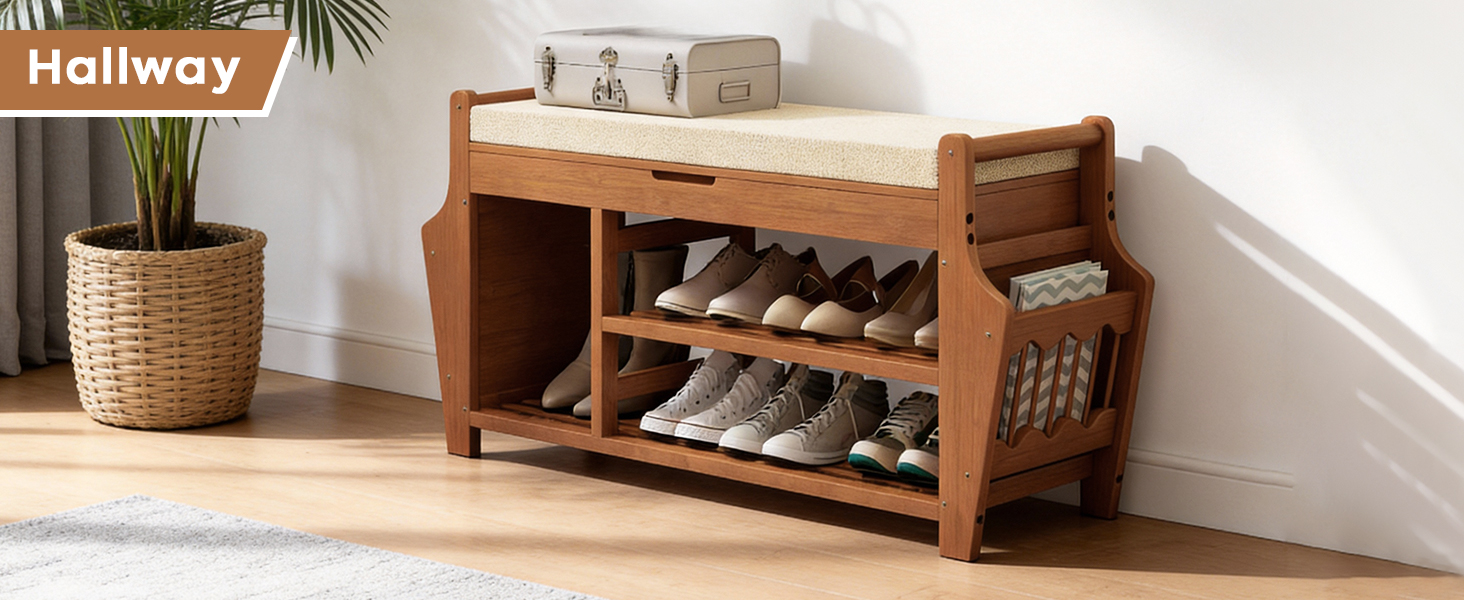 Shoe Bench with 2 Side Holder, 3 Tier Bamboo Entryway Bench with Storage