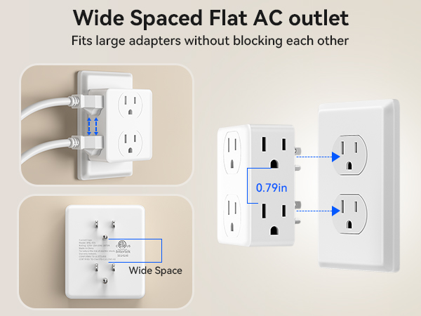 Wide space between outlets to fit big plugs