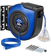 WILAWELS Retractable Cord Reel, 60 FT Heavy Duty Extension Cord, 12AWG/3C SJTOW, 3 Grounded Outle...
