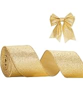 Christmas Glitter Ribbon,Gold Glitter Ribbon Gift Wrapping Ribbon,2.5 Inch 11 Yards Christmas Rib...