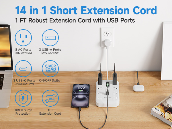 1 FT Short Extension Cord Surge Protector-8 AC Outlets with 6 USB Ports (3 USB-C)