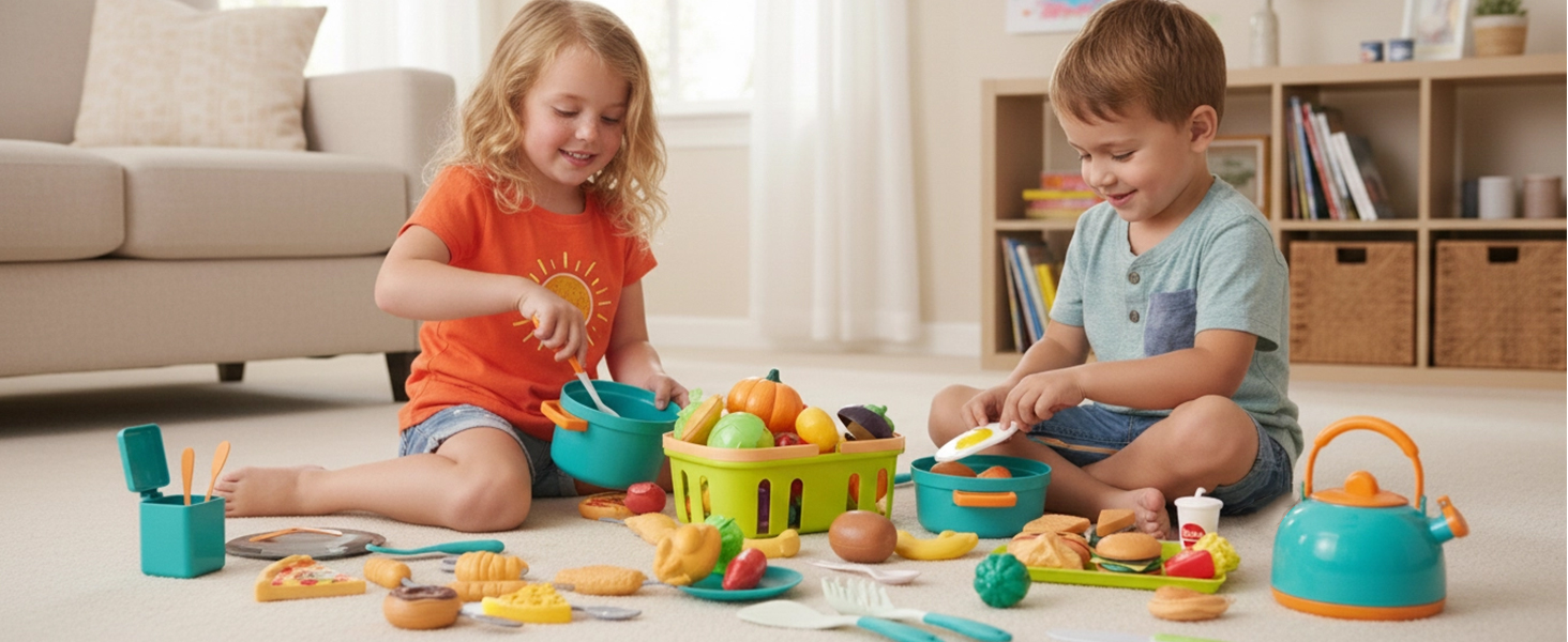Two kids played the cookware playset in their home