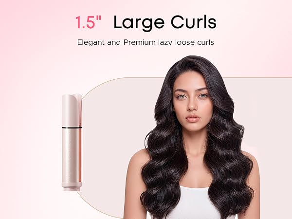 Close-up of a female model with curly hair and the product.