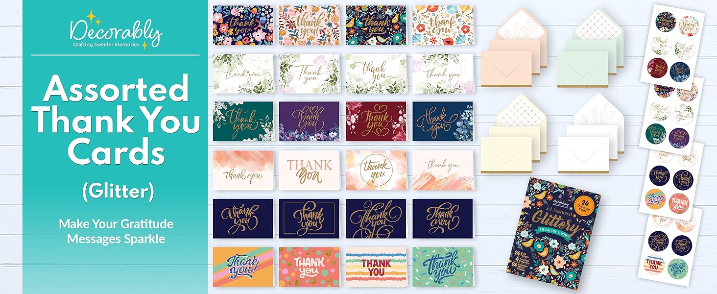 assorted thank you cards with envelopes (glitter)