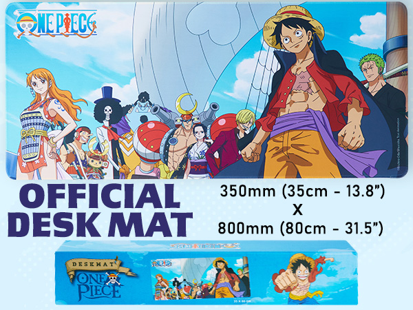 Text reads 'OFFICIAL DESK MAT' with dimensions '350mm (35cm - 13.8')' and '800mm (80cm - 31.5')'. One Piece anime-themed desk mat featuring colorful character illustrations.