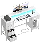 Korfile 47 Inch Computer Gaming Desk with Power Outlets LED Lights Reversible Home Office with Ad...