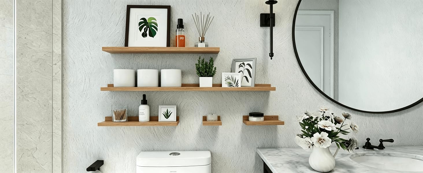 Oak shelves in bathroom