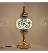 GOGERS Turkish Mosaic Table Lamp, Amber Glass Bedside Lamp with Gold Metal Base, E12 LED Bulb Inc...