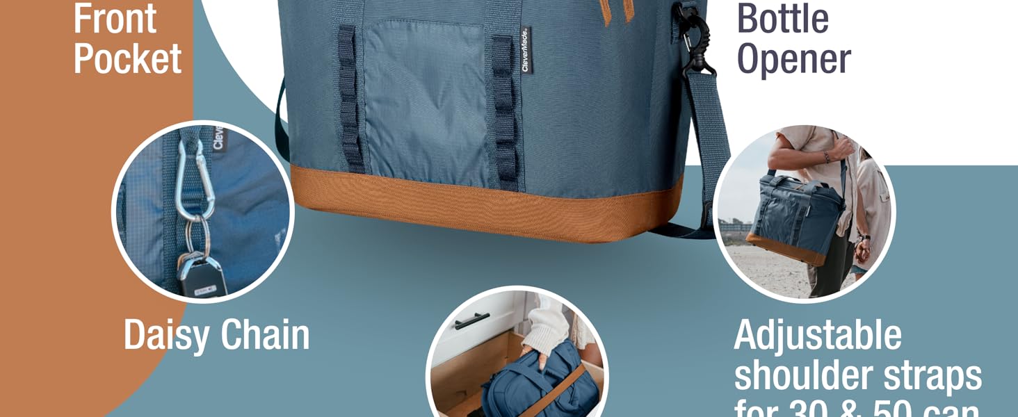 Cooler features bottle opener front pocket daisy chain shoulder straps
