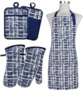 Alselo Oven Mitts and Pot Holders with Cooking Apron,Set of 5 Heat Resistant Kitchen Gloves and S...