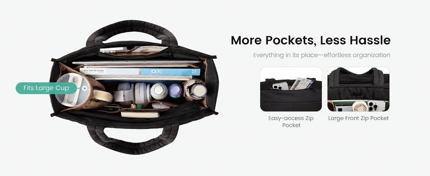 Multiple zip pockets and large cup slot keep everything organized inside this spacious tote bag