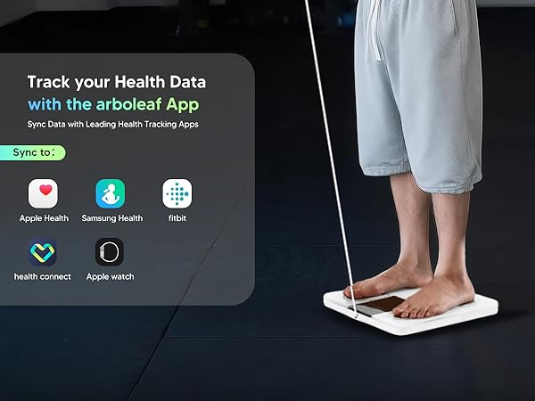 Man using Arboleaf 8-electrode scale in the gym, showcasing full-body measurement features