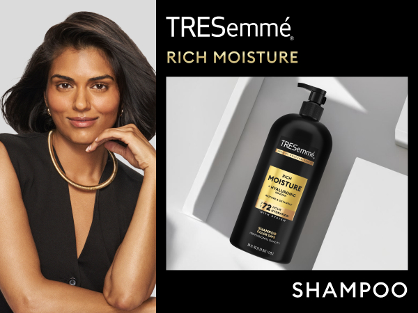 Woman with beautiful healthy-looking hair next to an image of product's bottle.