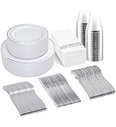 BUCLA 350PCS Silver Plastic Dinnerware Set for 50 Guests - Silver Plastic Plates Disposable for P...