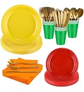 Aodaer 200 Pieces Colorful Dinnerware Set, Disposable Party Supplies Include 7/9 Inch Yellow Red ...