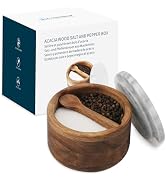 KITCHENDAO Acacia Wood Salt and Pepper Box Cellar Bowl with Grey Marble Lid and Built-in Spoon, L...