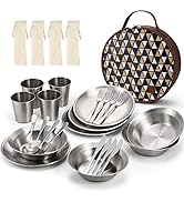 Odoland Stainless Steel Camping Mess Kit for Family & Person, Cooking Tableware Utensils with Pla...
