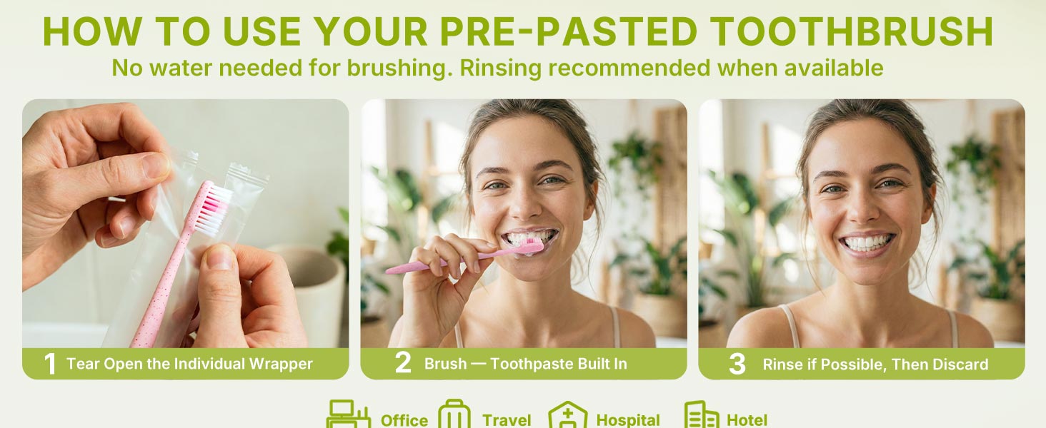 How to use: open wrapper, brush with built-in toothpaste, rinse if possible, discard