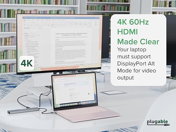 Plugable USB-C Hub highlighting 4K 60Hz HDMI port for adding a second screen to laptops