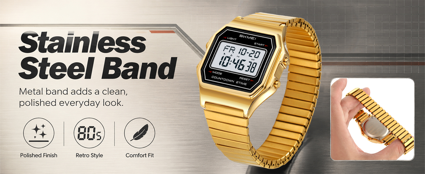 Gold metal bracelet watch, polished stainless strap, comfortable retro digital timepiece