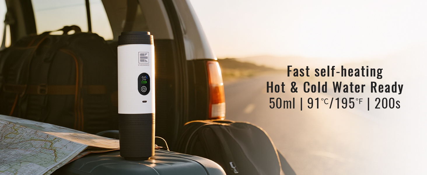 Text reads 'Fast self-heating' and '50ml/1.91'/155°/20%'. Product demonstration image with technical specifications and heating indicator.