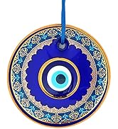 Erbulus 4.3" Glass Blue Evil Eye Wall Hanging Gold and Turquoise Floral Design Ornament – Turkish...
