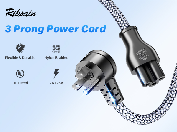 3 Prong AC Laptop Power Cord 90°Angled