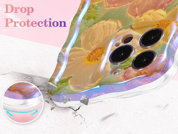Translucent smartphone case with iridescent edges and floral design. Four-lens camera cutout visible. 'Drop Protection' text in corner.