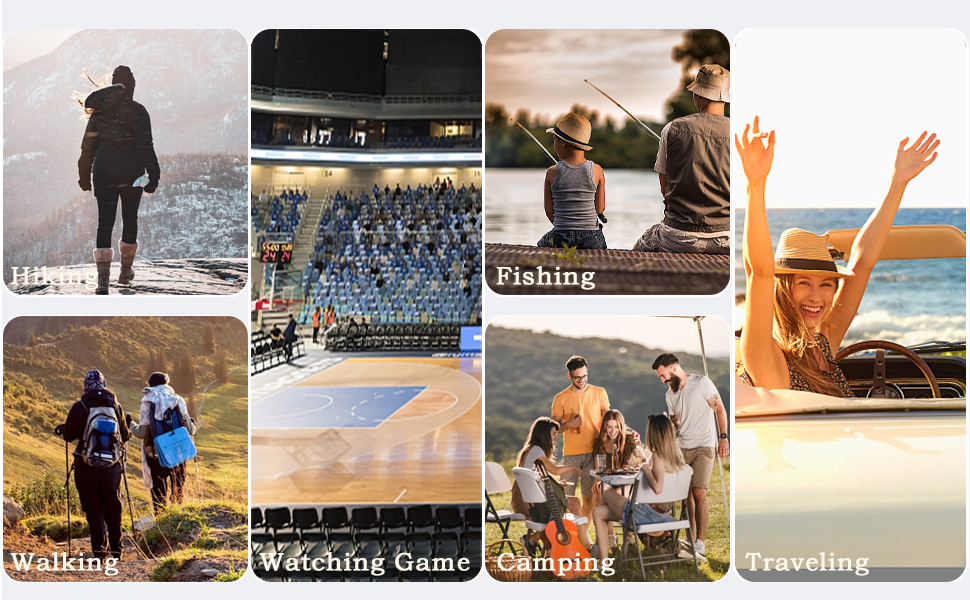 outdoor activities such as camping, hiking, traveling, dog walking, watching football games
