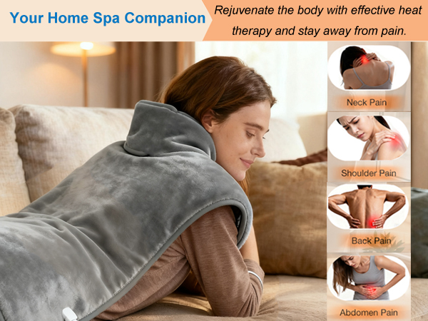 Large heating pad relieves neck shoulder back pain and menstrual cramps for heat therapy at home.