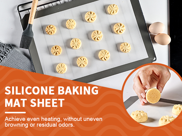 Silicone baking mat sheet with patterned cookies arranged in rows on parchment paper, highlighting even heating capabilities.