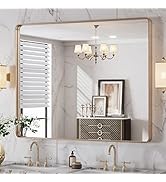 LOAAO 40”X32” Gold Bathroom Mirror, Rounded Rectangle Gold Frame Mirror, Brushed Gold Bathroom Va...
