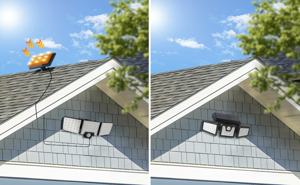 Before and after images of roof-mounted device. Left shows device with flames, right shows device without flames. Both on gray shingled roof against blue sky.