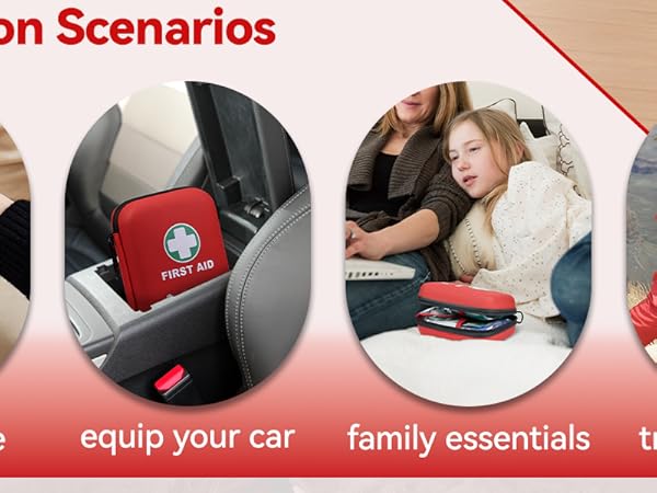 Text reads 'Application Scenarios: multipurpose, equip your car, family essentials, travel essential'. Four circular product usage photos showing red travel organizer in different settings.