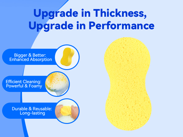 2.4in thick all purpose sponge, inexpensive and effective.The huge sponge is soft and strong.