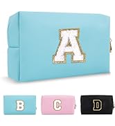 Small Personalized Initial A-Z Preppy Patch Makeup Bag,PU Chenille Letter Travel Cosmetic Pouch w...
