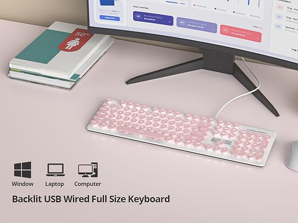 Quiet Wired Retro Pink Typewriter Keyboard